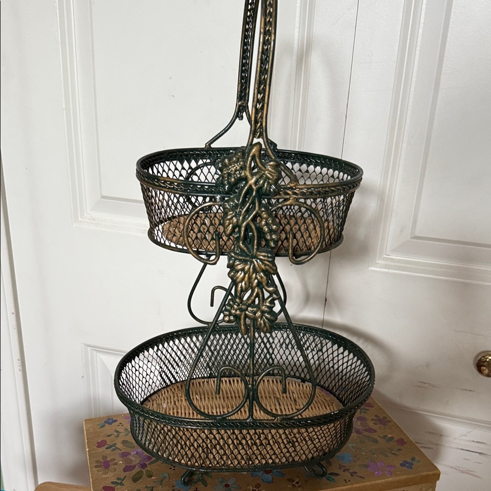 Elegant Two-Tier Metal Basket in Green and Gold